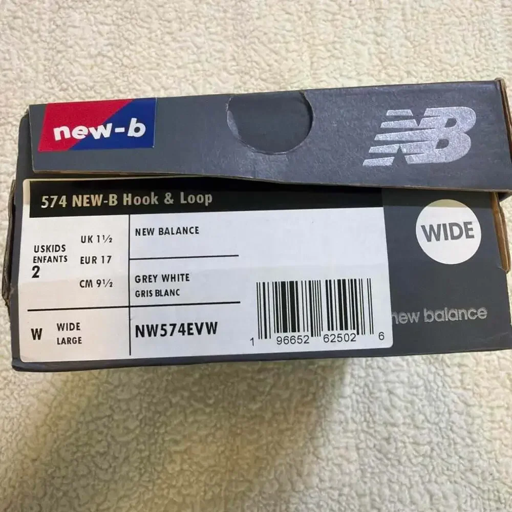 New Balance 574 New-B Hook & Loop Grey White Baby Shoes Size 2 WIDE NW574EVW